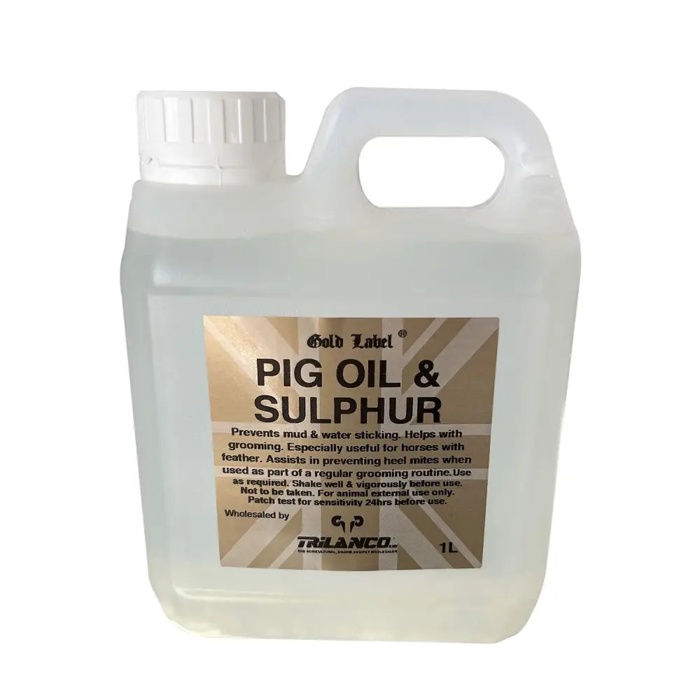 Clear plastic jug with white cap and handle labeled gold label pig oil for horse grooming and preventing mud-borne infections