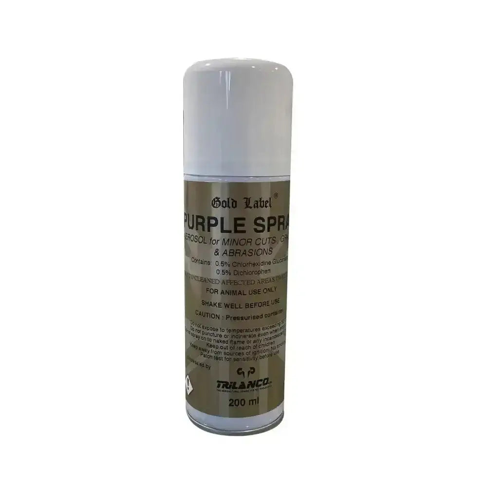 Gold label purple spray 200 ml aerosol can with white cap and silver body for minor cuts and quick relief