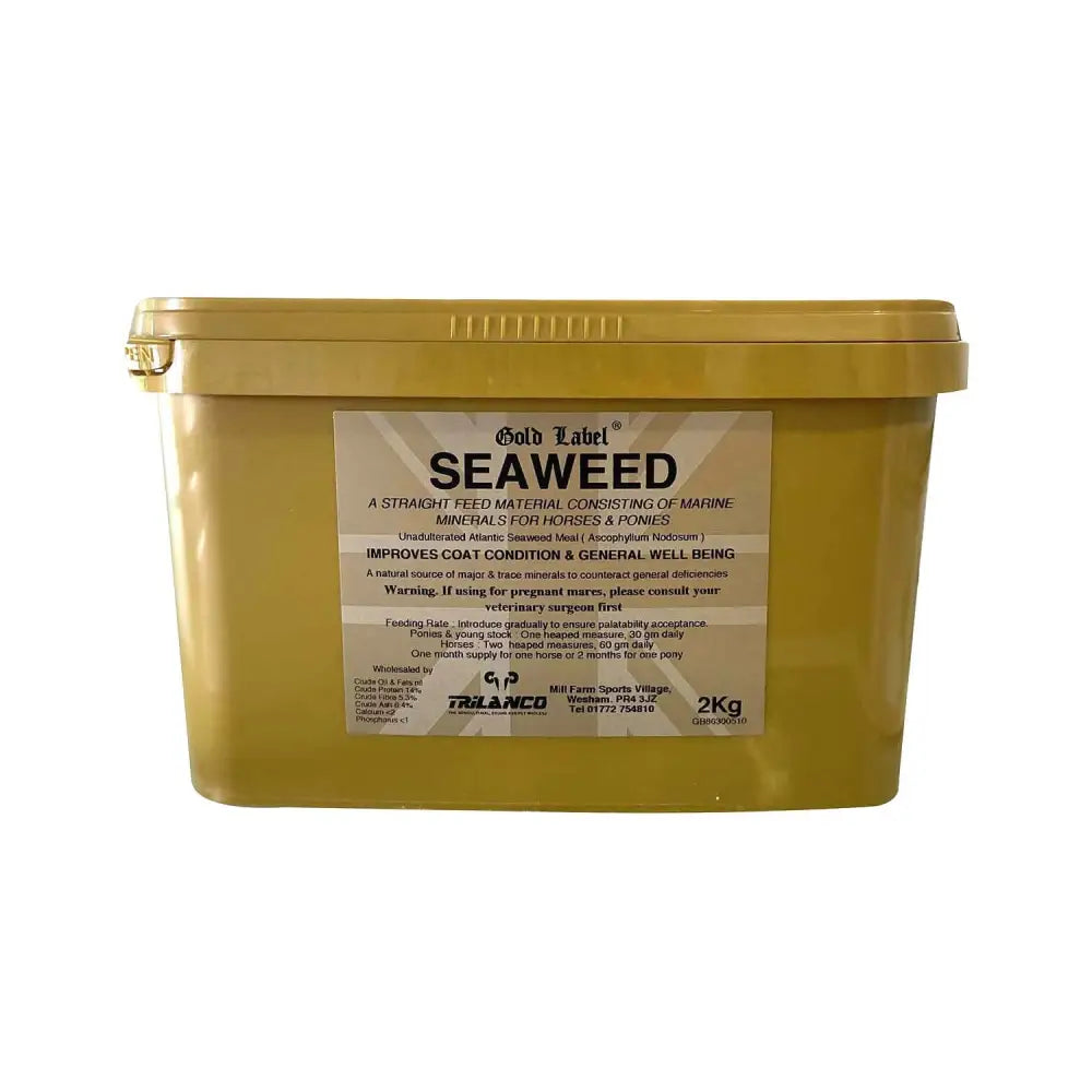 Gold label seaweed natural mineral supplement in a 2kg gold plastic container ideal for horse hoof supplements