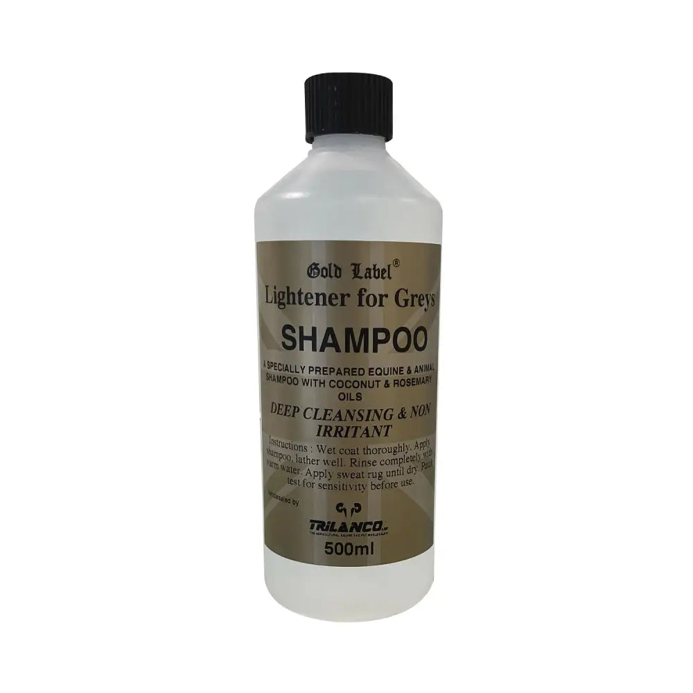 Gold label shampoo lightener for greys in a clear plastic 500ml bottle with black cap and coconut-based conditioner