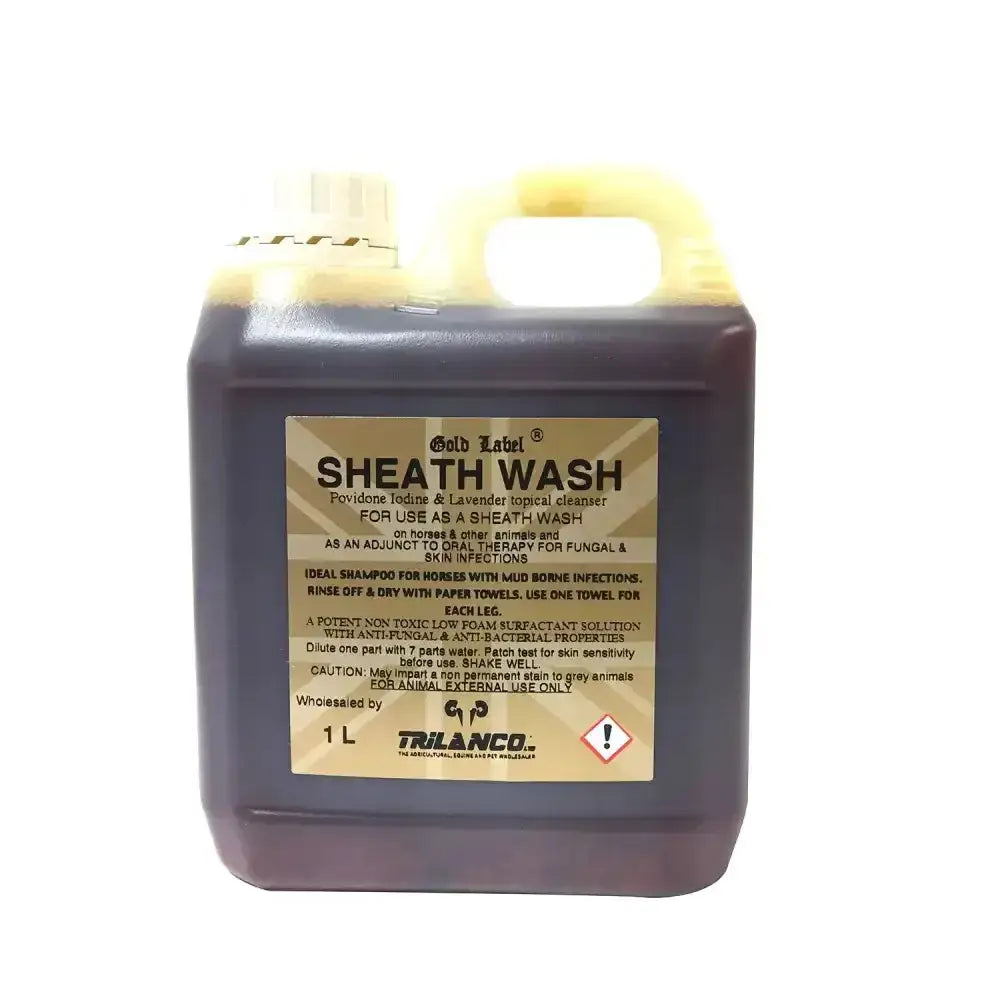 Gold label sheath wash dark brown sheath cleanser in a 1l plastic jug with yellow handle for horse grooming