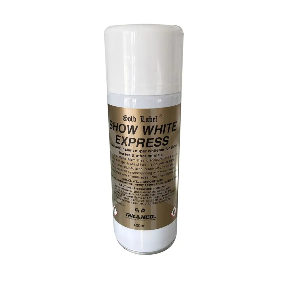 Gold label show white express is a 400ml aerosol with a gold label non-toxic super whitener to cover stains and add body