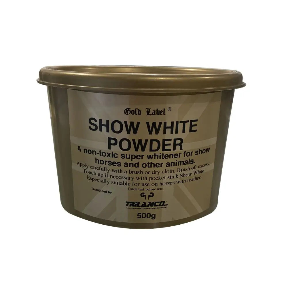 Gold label show white powder super whitener in a 500g metallic container for brightening and whitening use