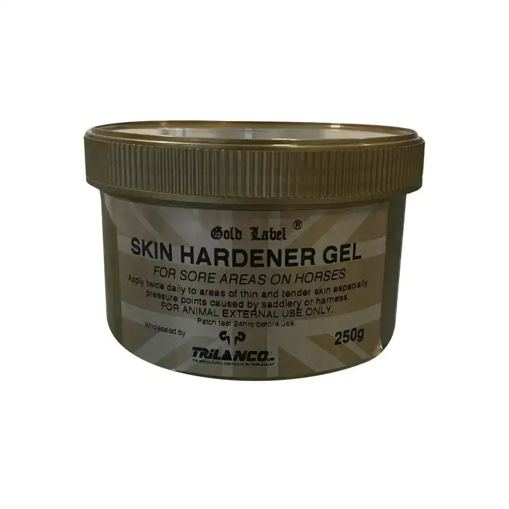 Gold label skin hardener gel in a metallic gold container with ribbed lid for horse sore areas astringent gel