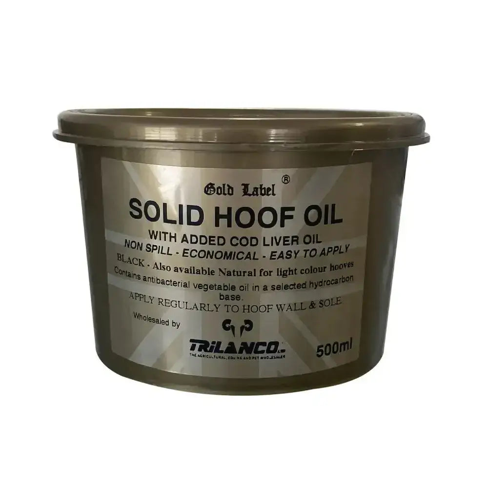 Gold label solid hoof oil black in a 500ml matte olive-green plastic container with solidified oil and matching lid