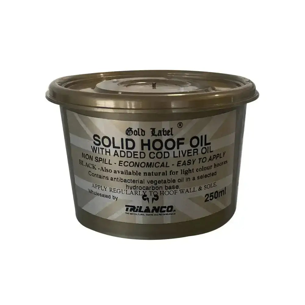 Gold label solid hoof oil black in a 250ml container with solidified oil and cod liver oil for hoof care