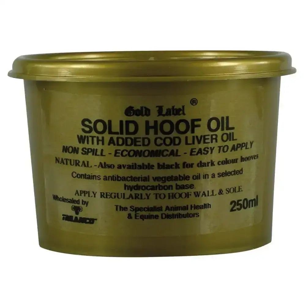 Gold label solid hoof oil natural in a 250ml gold plastic tub with matching lid solidified hoof oil for hooves