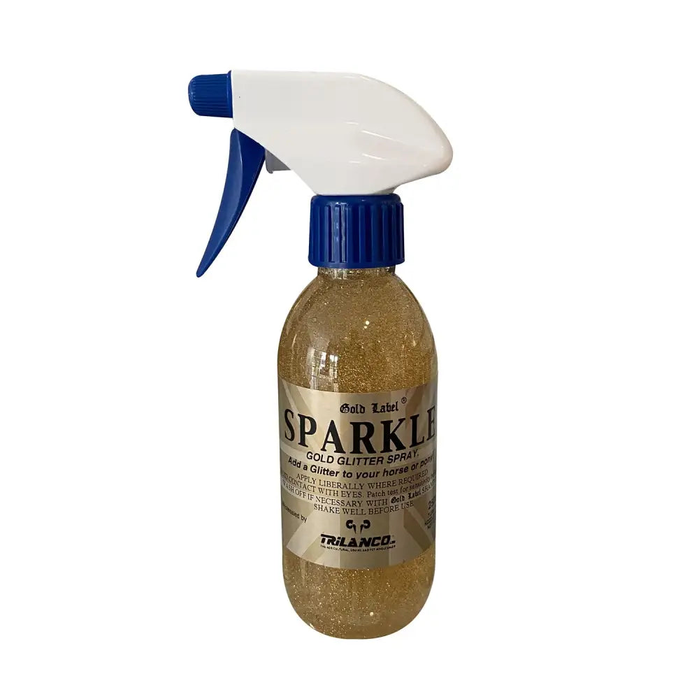 Gold label sparkle glitter spray in a clear bottle with gold glitter and blue white trigger nozzle for easy sparkle use