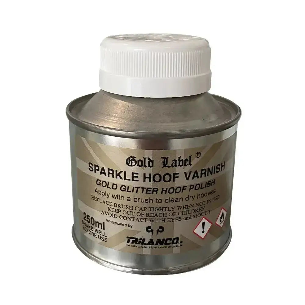 Gold label sparkle sparkly hoof varnish in a metallic silver can with white ribbed cap and beige label with black text