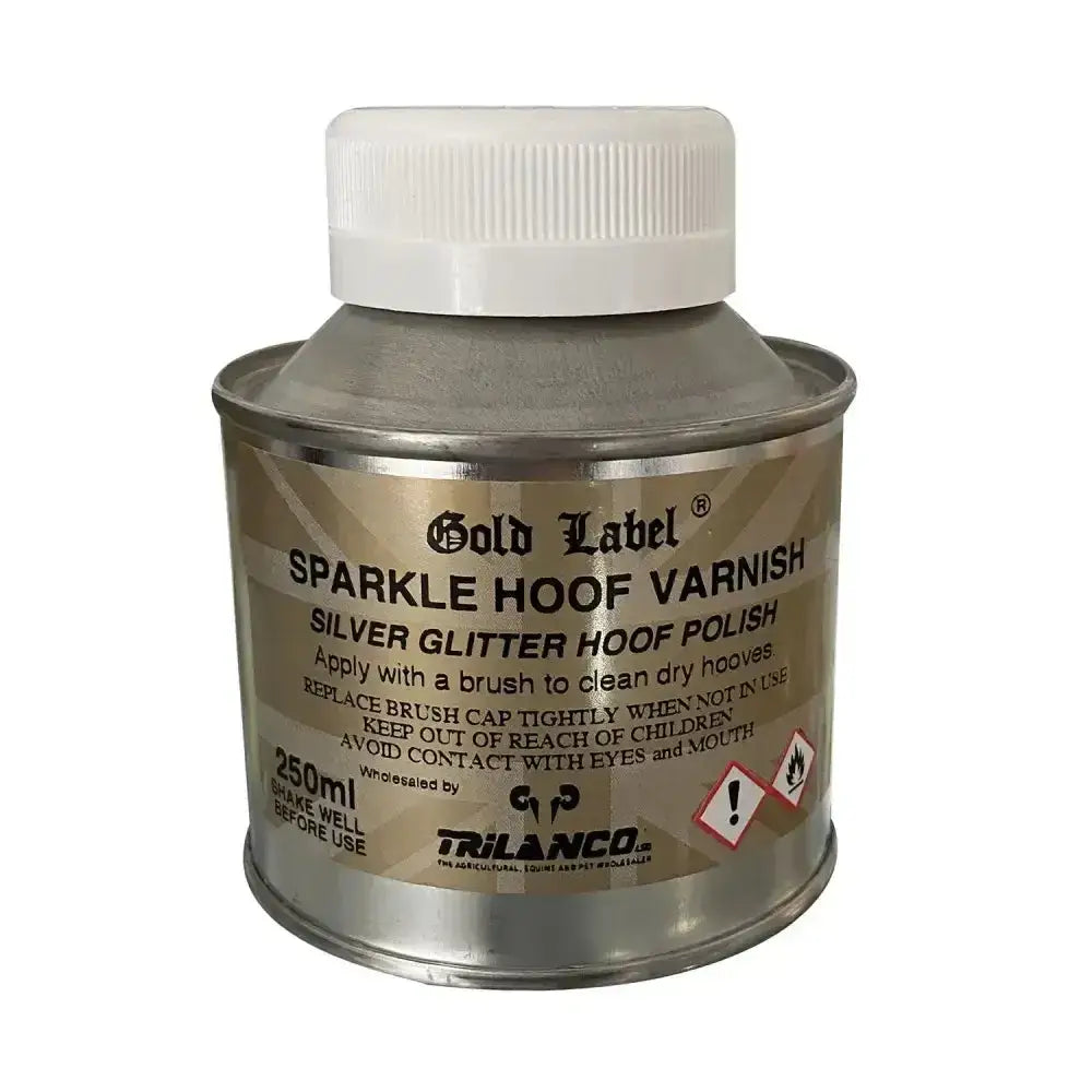 Gold label sparkle 250ml silver glitter sparkle hoof varnish in a metallic tin with white screw-on cap