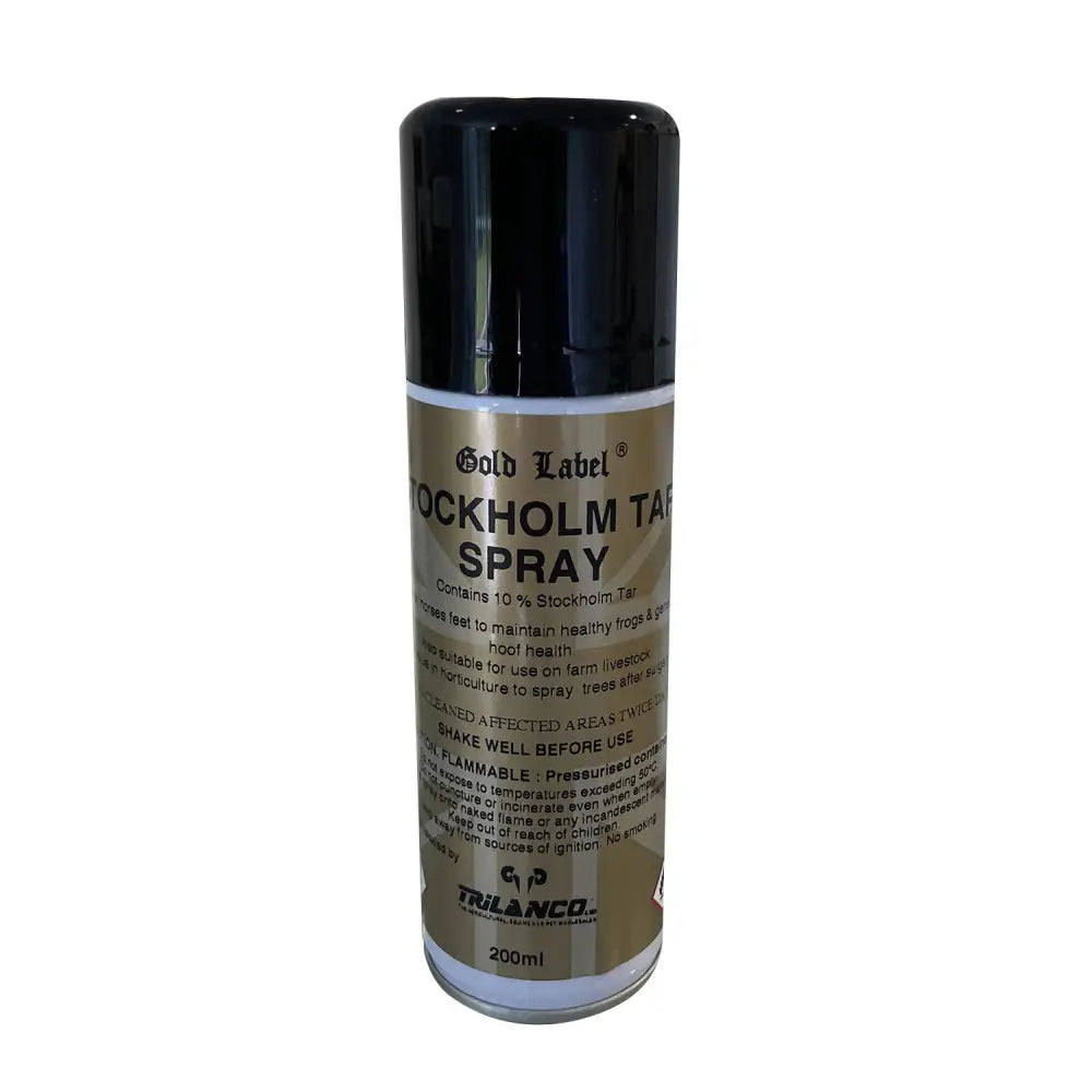 Gold label stockholm tar spray in a 200ml aerosol can with black cap and metallic gold label for hoof care