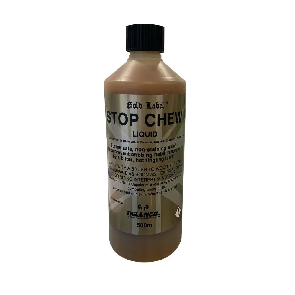 Gold label stop chew liquid in a 500ml brown bottle with black cap featuring anti-crib formula to prevent chewing habits