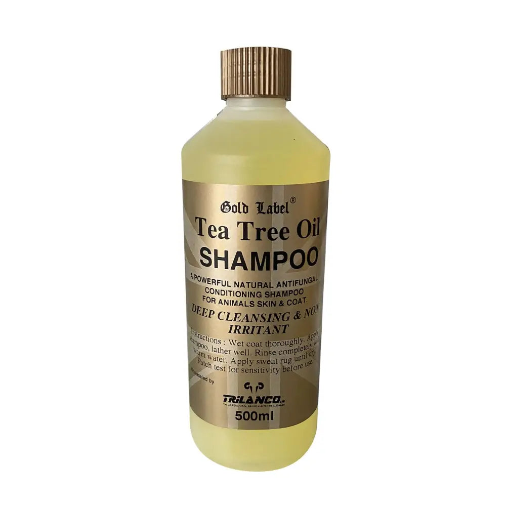 Gold label tea tree oil shampoo in a 500ml clear bottle with gold cap is an anti-fungal skin cleanser for animals