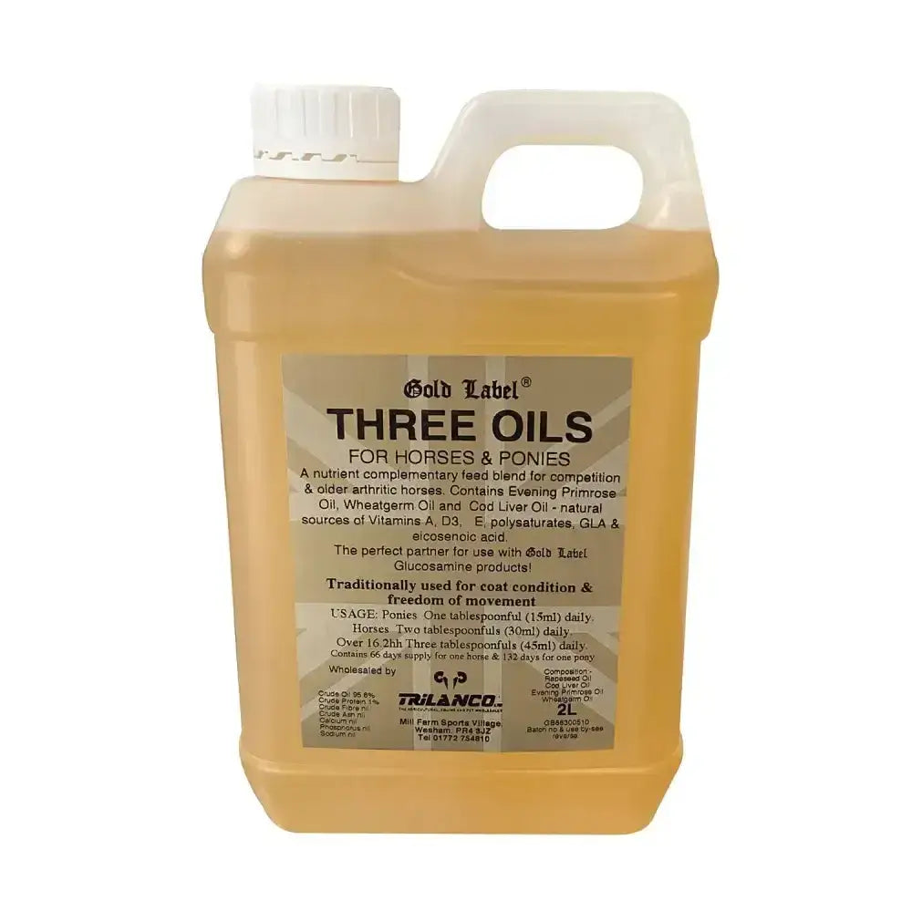 Gold label three 2l translucent plastic jug of label three oils with amber liquid for horses and ponies nutrition