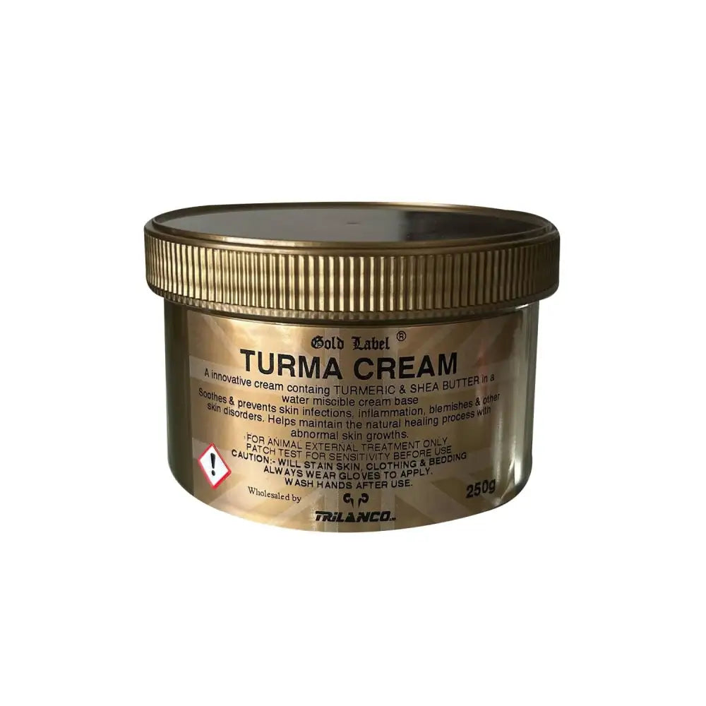 Gold label turma cream in a 250g jar with metallic gold lid and label designed to soothe inflammation