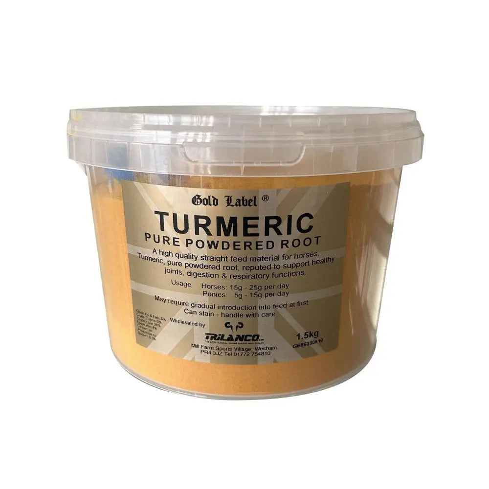Gold label turmeric pure powdered root in a clear tub with 1.5kg vibrant orange powder for horses joint support quality straight feed supplement