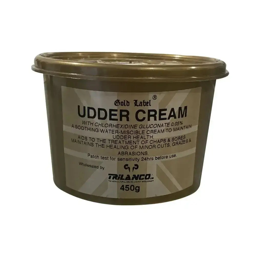 Gold label udder cream in a 450g metallic container with lid for soothing water-miscible udder cream to maintain good udder condition