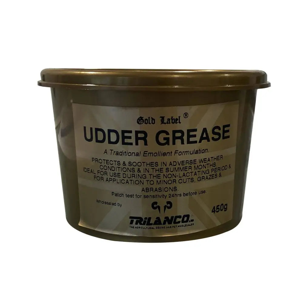 Gold label udder grease 450g container with metallic lid and beige label traditional emollient for adverse weather conditions