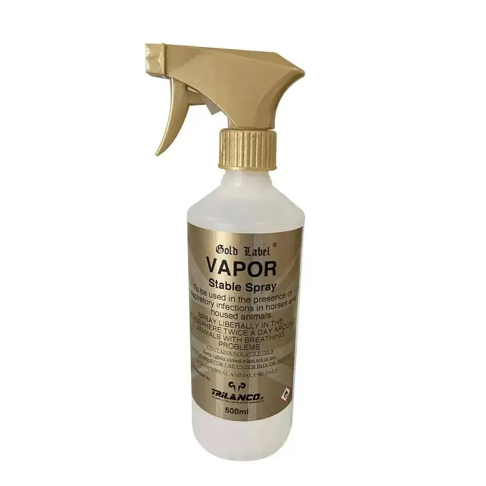 Gold label vapor stable spray in a translucent white bottle with gold nozzle for preventing respiratory infections in horses