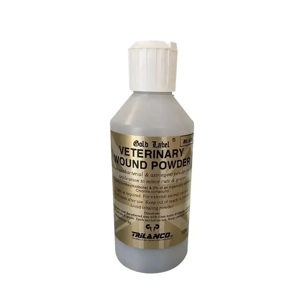 Gold label veterinary wound powder in a translucent bottle with white cap by trilanco with handy puffer pack design