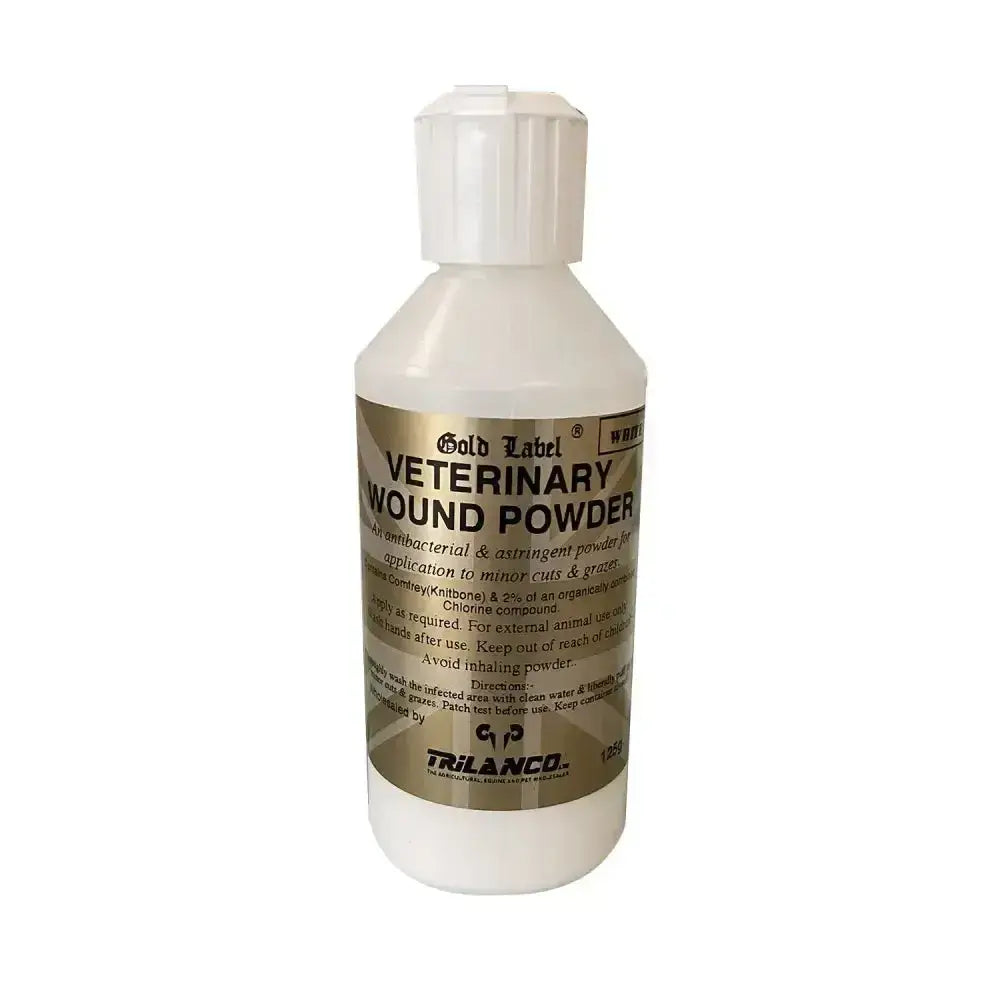 White plastic bottle of trilanco gold label veterinary wound powder with handy puffer pack and safe chlorine blend