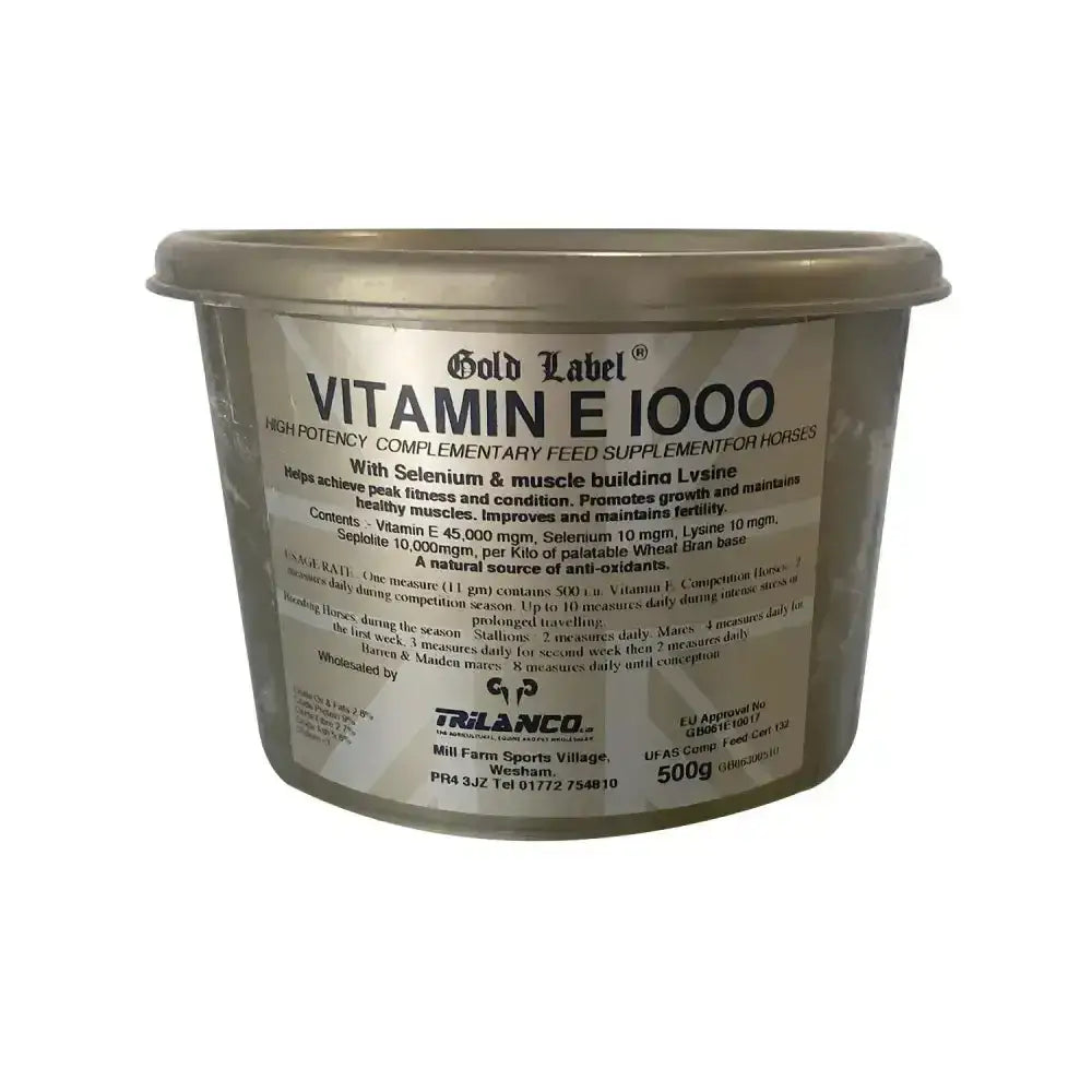 Gold label vitamin e 1000 in a metallic container with white label showing high potency vitamin and usage details for horses