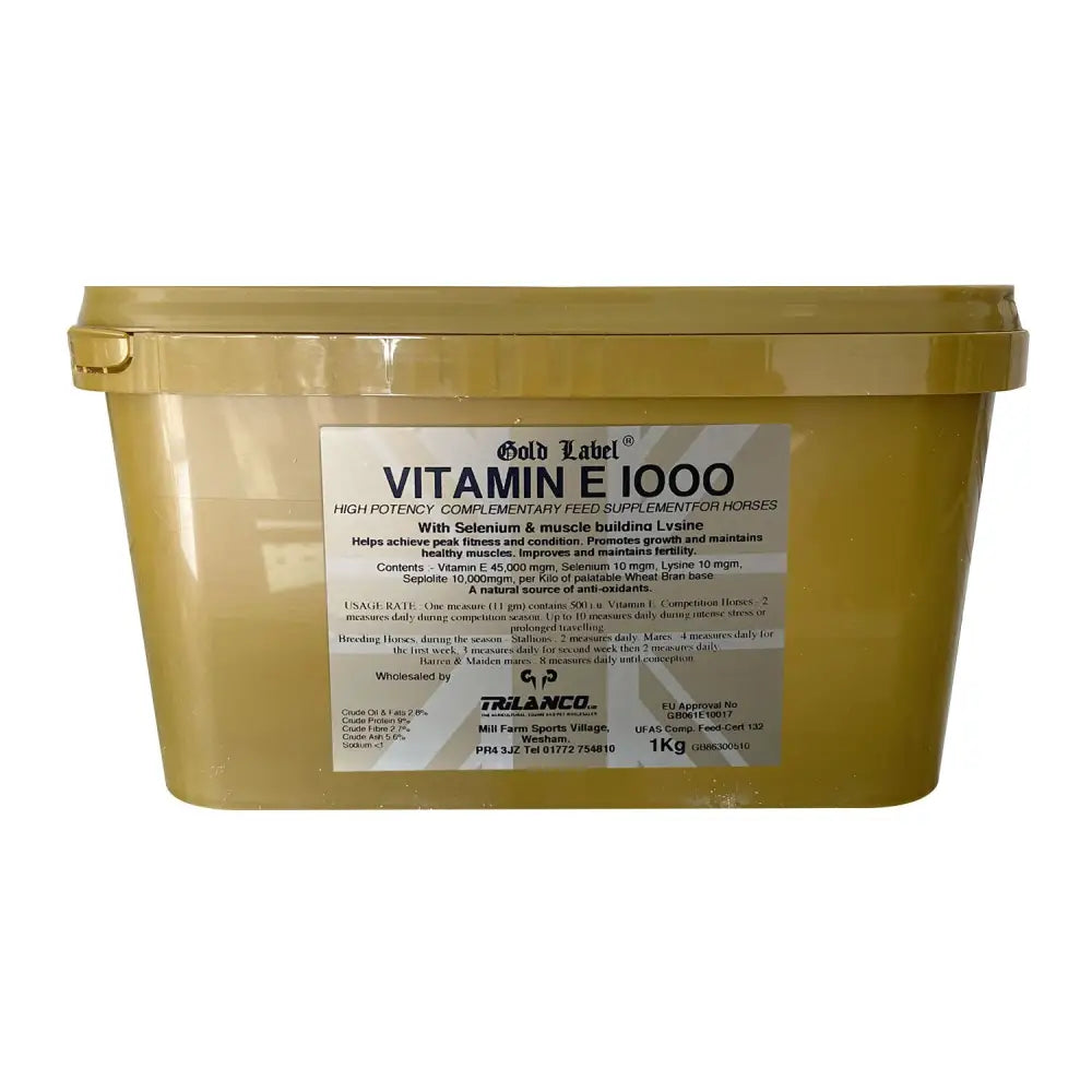 Gold label vitamin e 1000 supplement with matte gold plastic container and lid featuring high potency vitamin details