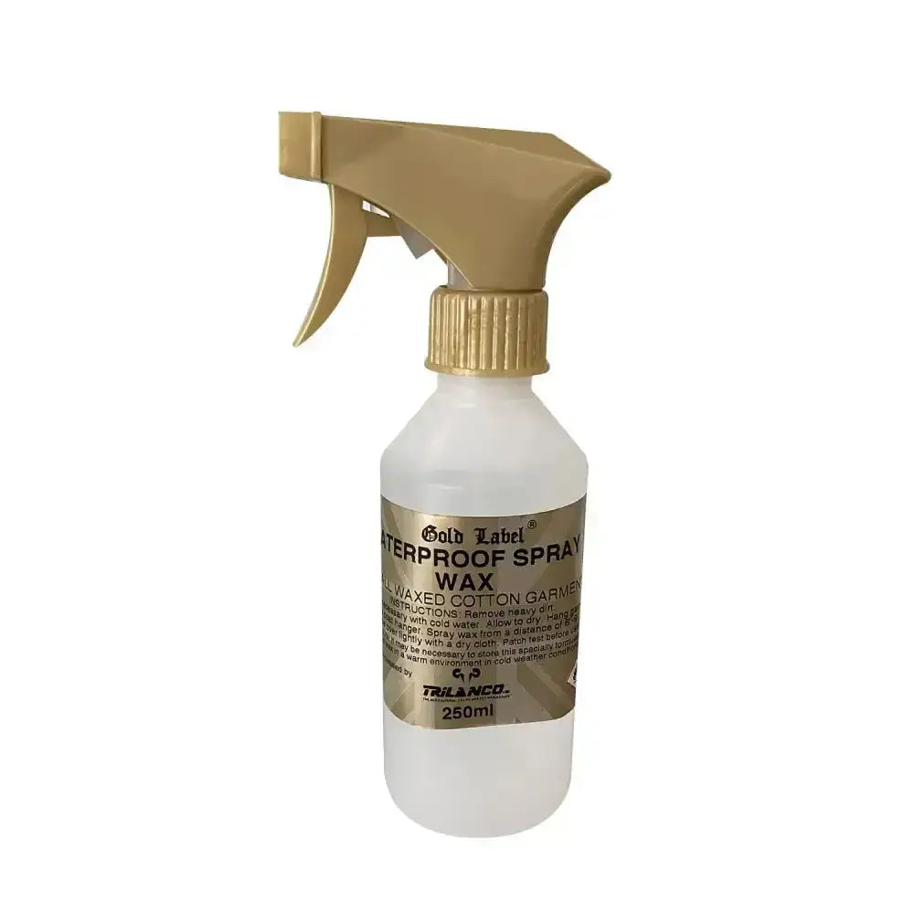 Gold label waterproof spray wax in clear bottle with gold trigger for worn waxed garments protection