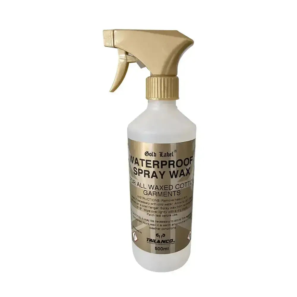 Gold label waterproof spray wax in a white bottle with gold nozzle for all worn waxed garments and waterproofing