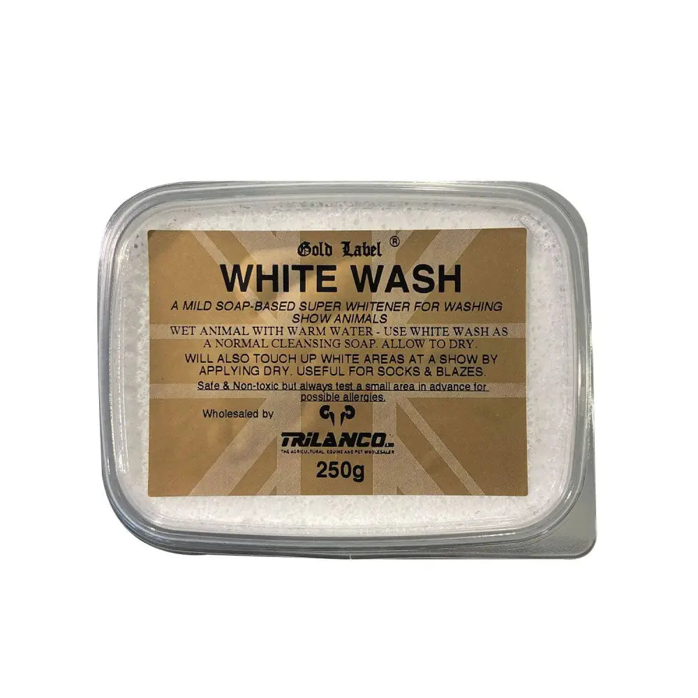 Gold label white wash mild soap-based super whitener with white granular contents in clear container for washing cattle