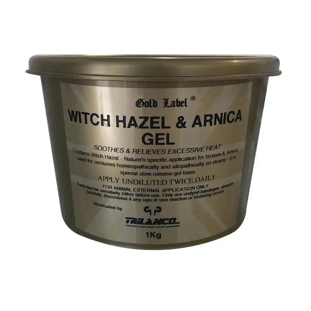 Gold label witch hazel and arnica gel in a metallic 1kg container for soothing skin relief and natural care
