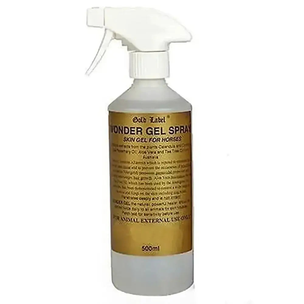 White plastic spray bottle of gold label wondergel 500ml with comfrey to aid healing process for horses skin