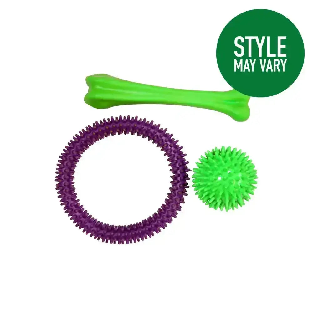 Bright green spiky plastic good boy chew chewy dog toy bone for durable chewing fun and dental health