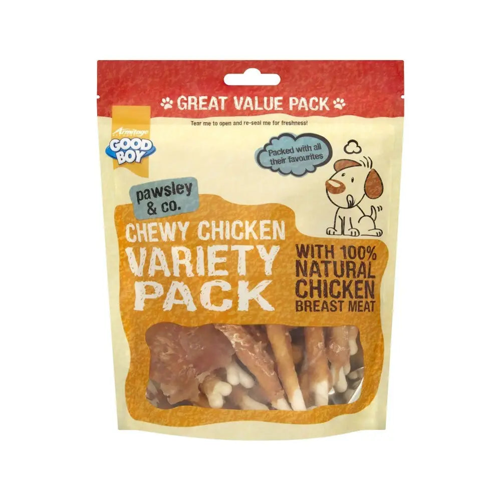 Good boy pawsley co chewy chicken variety pack showing colorful packaging of good boy chewy chicken treats