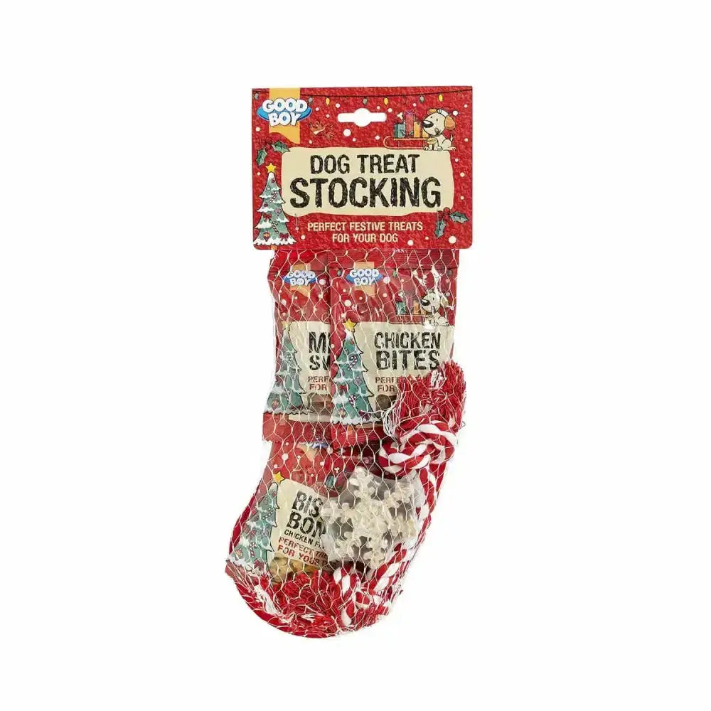 Good boy dog red and white holiday dog treat stocking with christmas tree and snowflake patterns in mesh bag great christmas gift