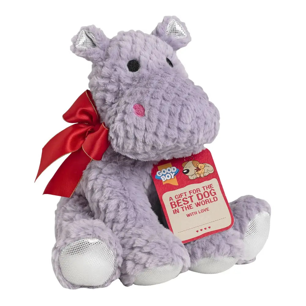 A soft cuddly boy gift hippo in lavender plush with silver glitter ears and feet plus a red satin bow gifting tag