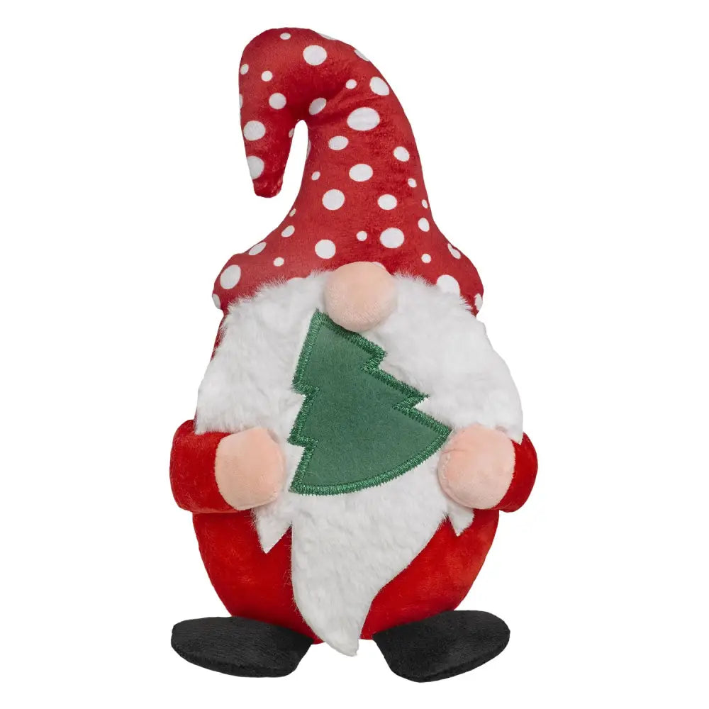 Good boy gonk red plush dog toy with white polka-dotted father christmas hat and green embroidered christmas tree