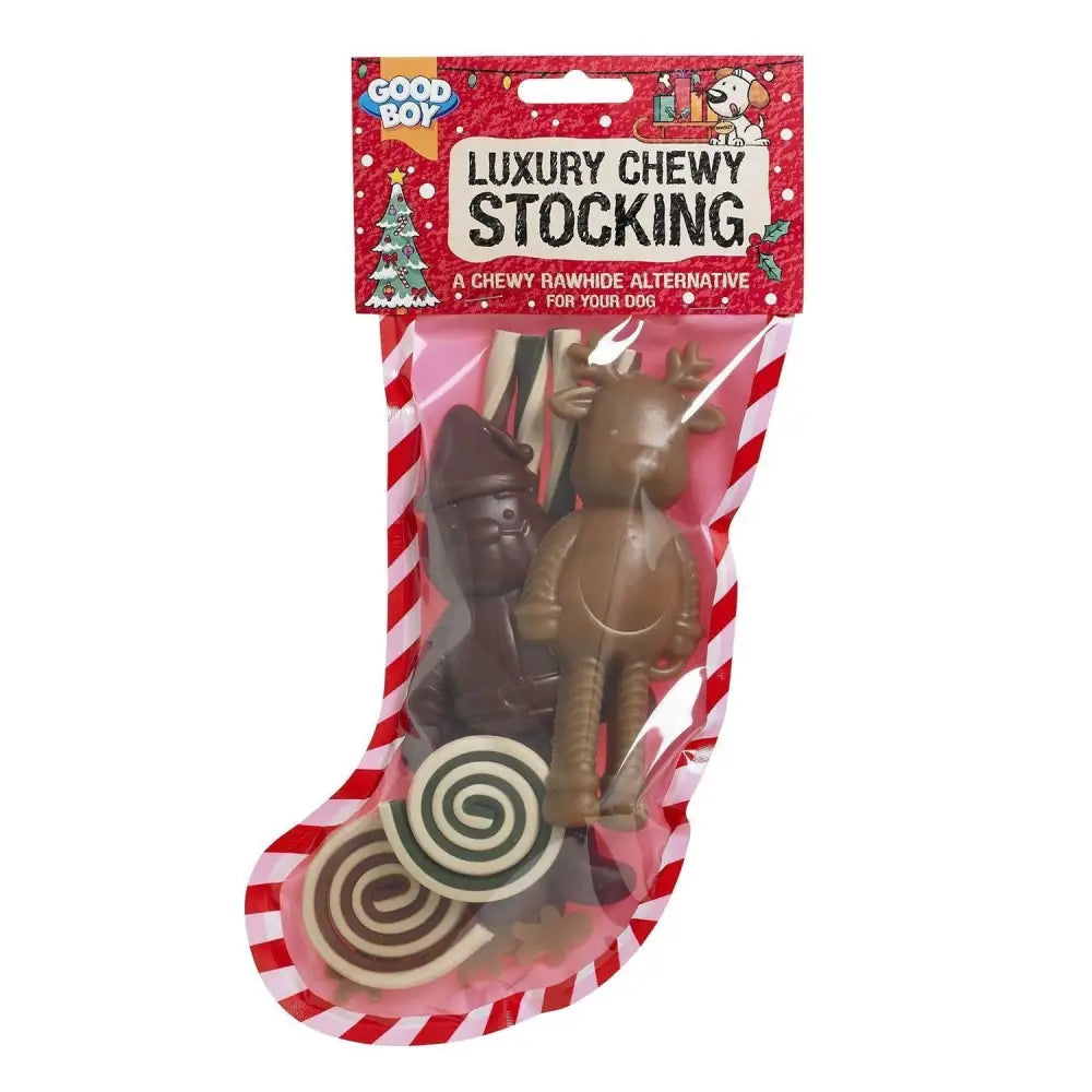Good boy luxury chewy stocking with chocolate reindeer dark brown elf and spiral treats in festive red-white packaging