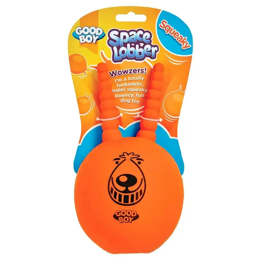Bright orange squishy good boy squeaky dog toy with a cartoon lobster face called squeaky space lobber