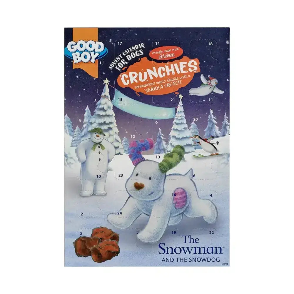 Good boy the snowman and the snowdog crunchies advent calendar with playful white snowdog and snowman in winter scene