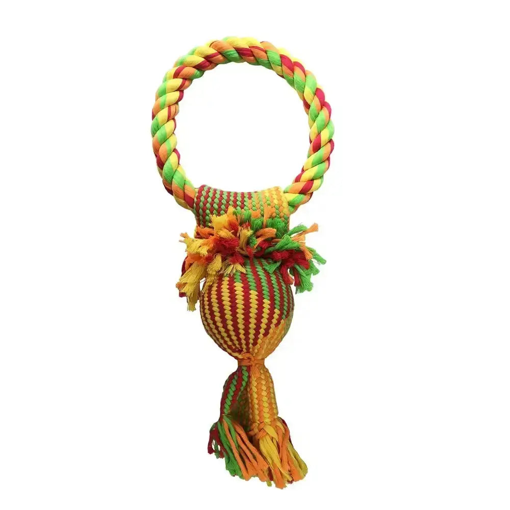 Good boy tug threads squeaky colorful braided rope dog toy with ring handle tassels and squeaky ball for tugging