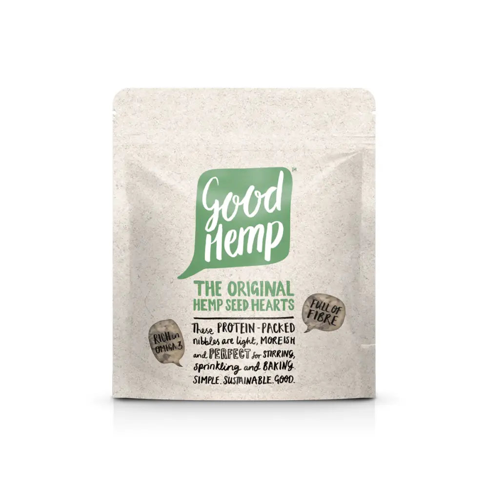 Good hemp company original hemp seed hearts in a light beige textured resealable pouch with green and black text