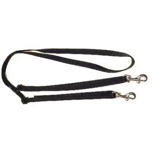 Black double dog leash with silver saddle dees metal clasps from grass reins for equestrian use