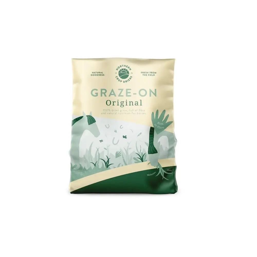 A cream and green 14 kg bag of graze-on original dried grass horse feed with horses grazing in a pastoral equestrian scene