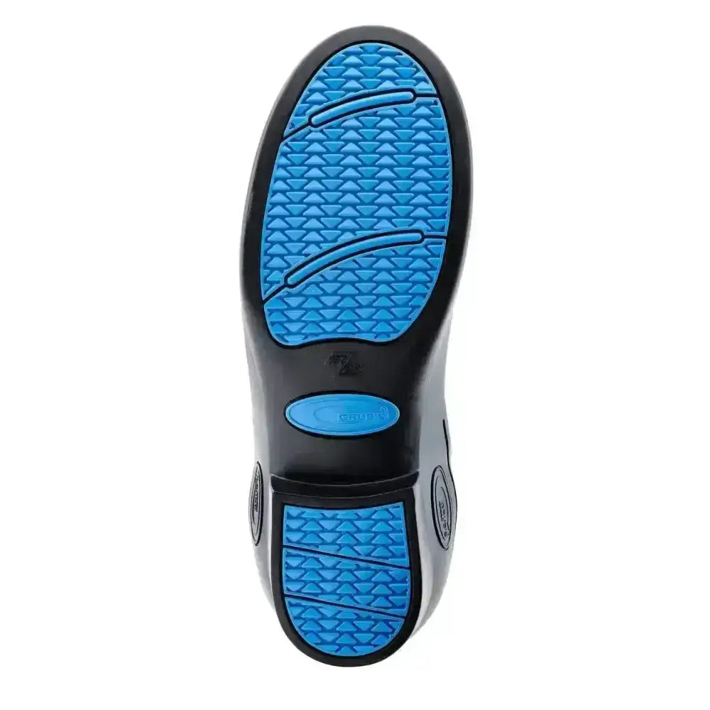 Black and bright blue rubber sole with textured triangular grip on grubs rideline 5.0 waterproof riding boots hard toe