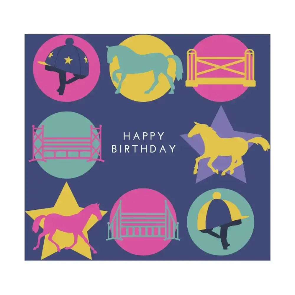 This gubblecote beautiful greetings card features colorful horse silhouettes on dark blue in the whimsy range