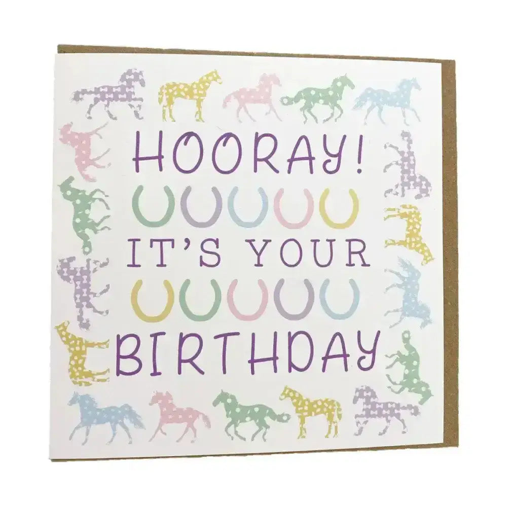 A cheerful gubblecote beautiful greetings card featuring colorful patterned horses from the whimsy range