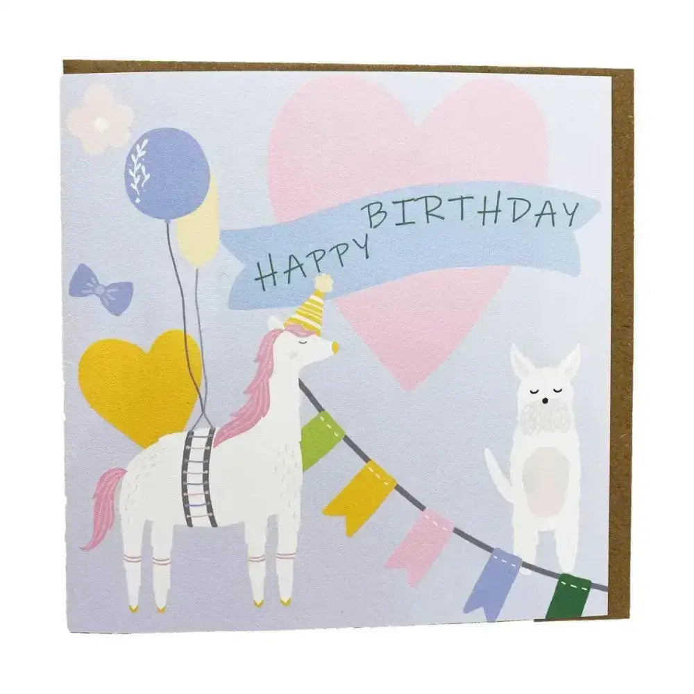 A gubblecote beautiful greetings card from the whimsy range featuring a white llama with pink mane and party hat