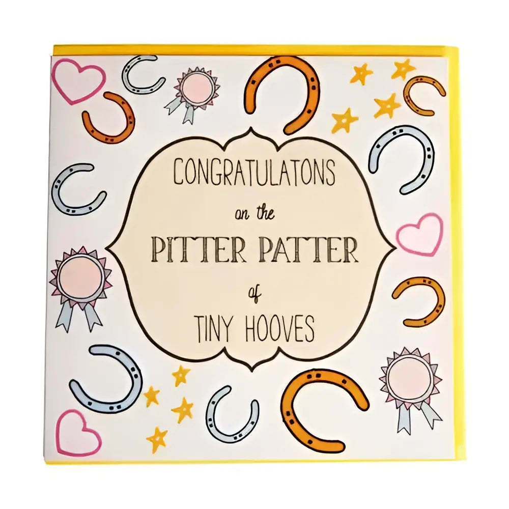 A cheerful yellow-bordered gubblecote beautiful greetings card with colorful horseshoes and the text congratulations on the pitter patter of tiny hooves from the whimsy range original designs