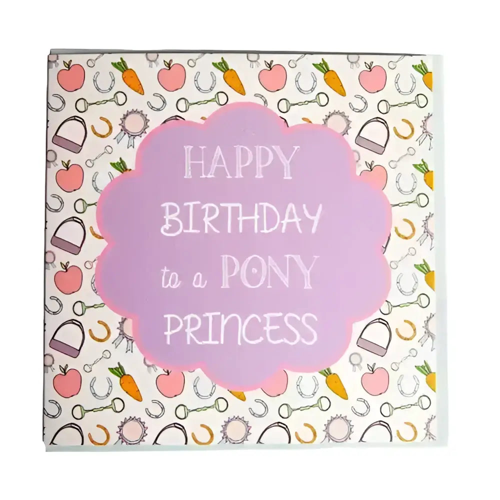 A pink scalloped card from gubblecote beautiful whimsy range with happy birthday to a pony princess and horse prints